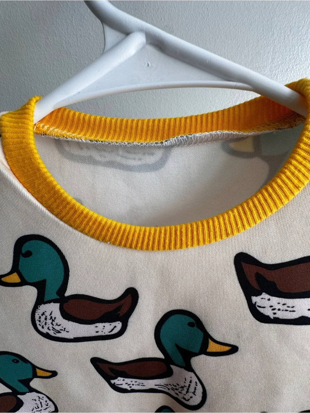 Cream Duck-Print Kids Set with Yellow Trim
